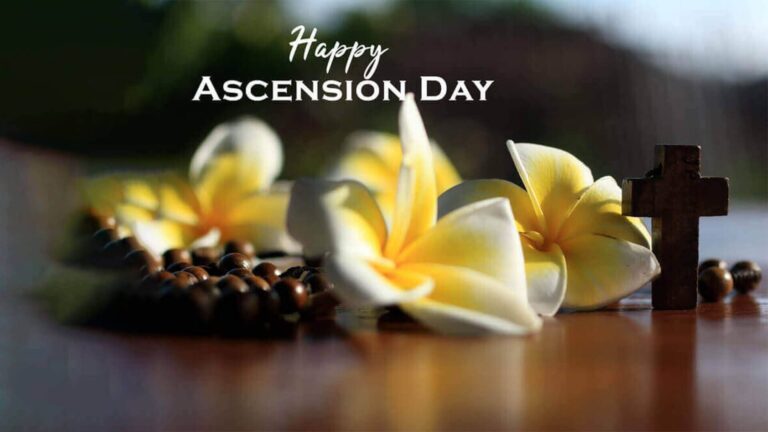 Ascension day wishes card and haooy ascension day written on beautiful flower background