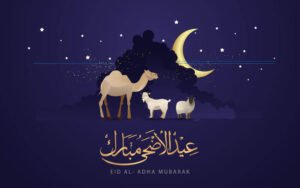 goat, sheep or lamb and camel standing in front of blue mountain background expressing eid ul azha 2023