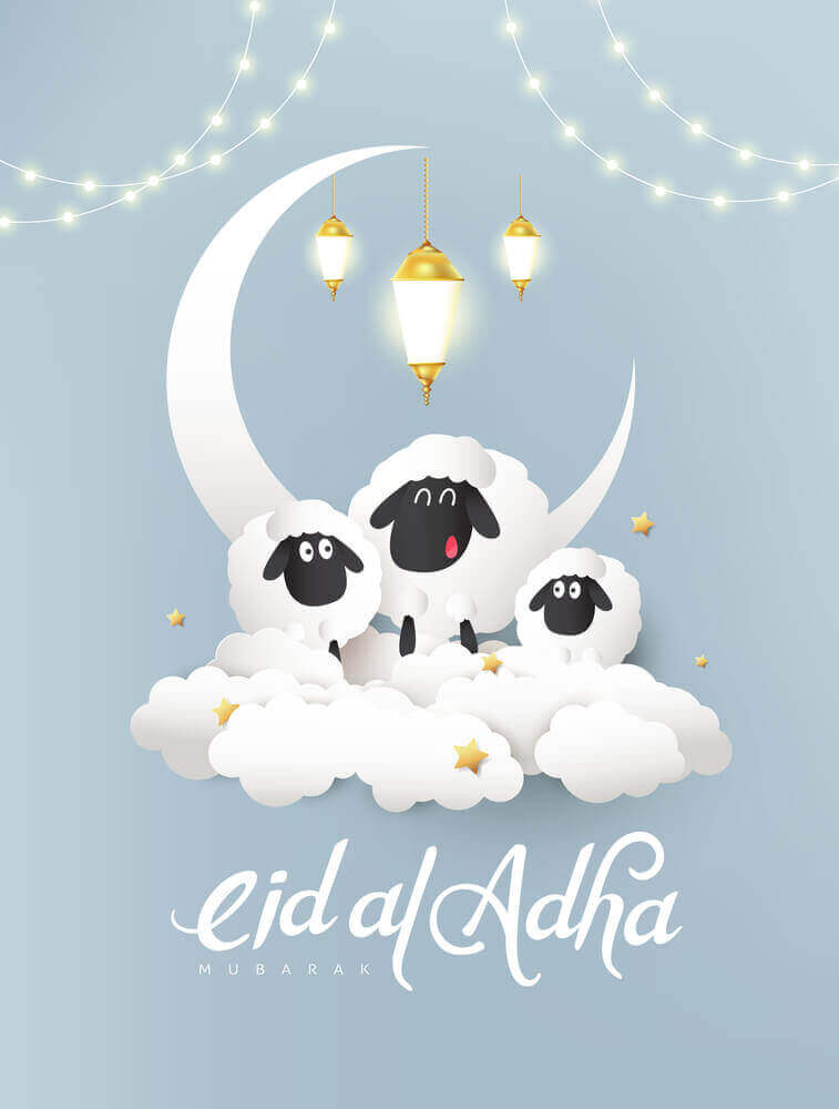 off white crecent , lambs or sheeps with white cloud on beautiful background showing eid al adha celebration 2023