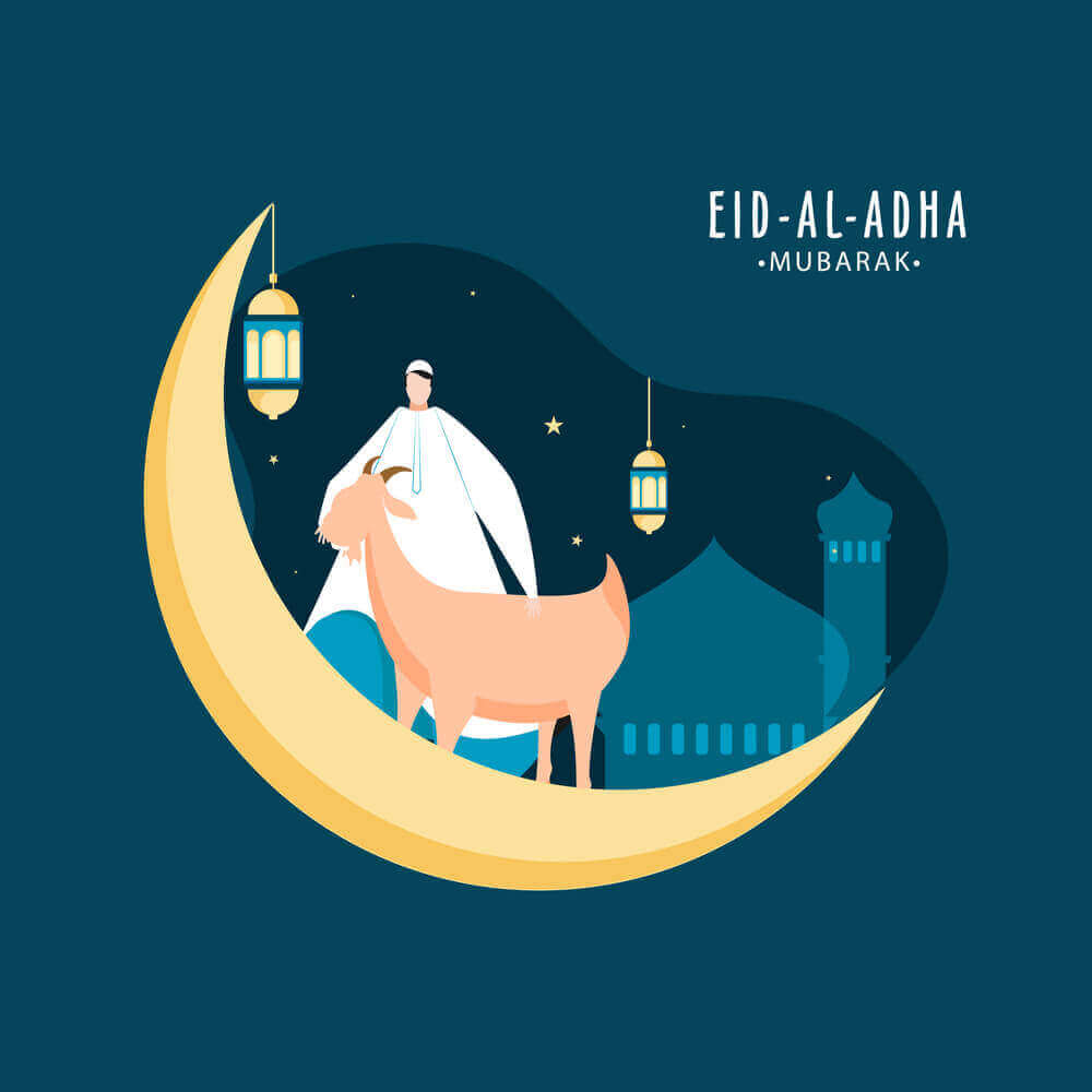cartoon men and goat with islamic background showing eid al adha 2023