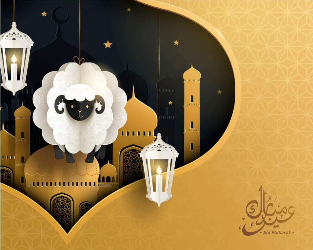 beautifully decorated islamic background with paper cutout effect and white sheep showing eid ul azha 2023 wishes