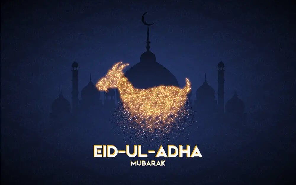golden particles goat with elegant gold eid ul adha text expressing bakra eid mubarak 2023 with islamic background