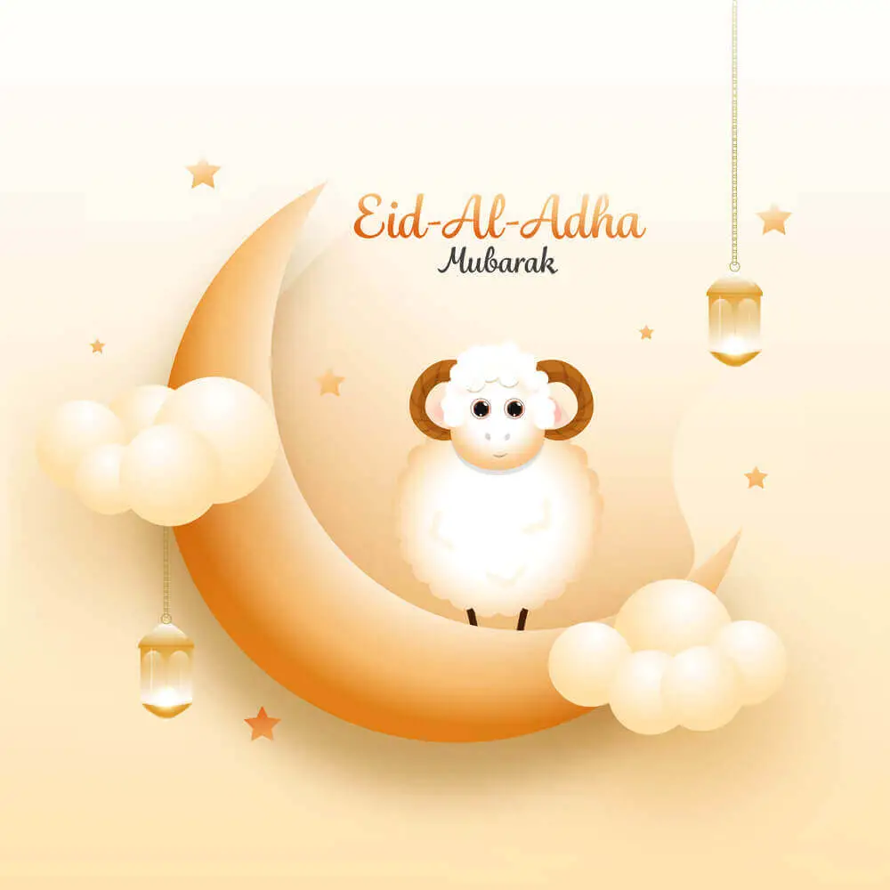 glossy crecent moon and cartoon sheep or lamb with stars on beautiful elegant orange yellow gradient background expressing eid al azha 2023