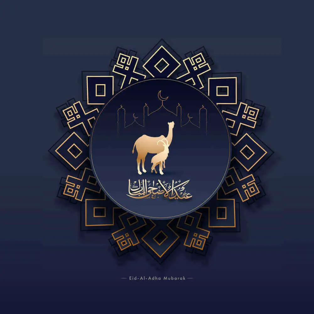 golden eid al adha mubarak calligraphy silhouette camel with elegant blue background showing bakra eid wishes 2023