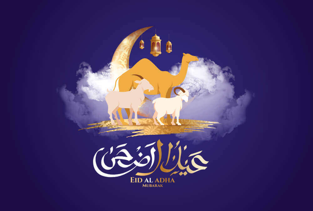 goat,lam or sheep and camel standing on beautiful cloud with elegnet blue backdround showing eid ul adha 2023