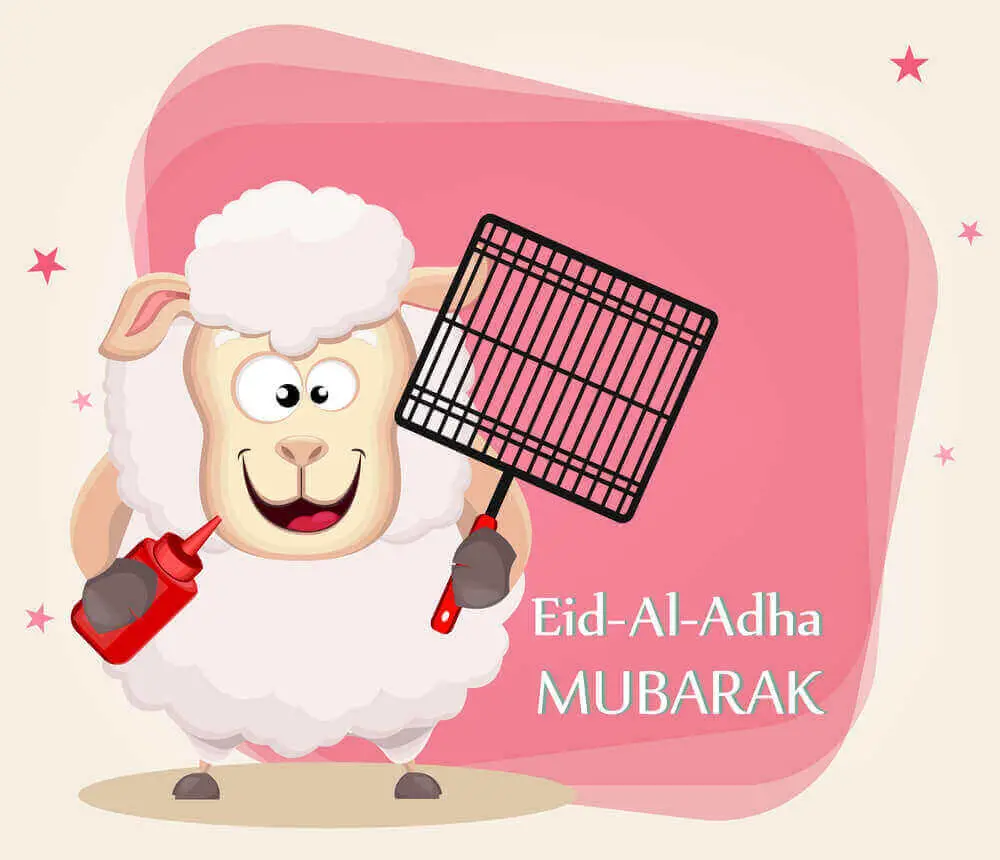 Cartoon sheep holding grill pan for making grill meat showing wishes or greeting for happy eid ul adha mubarak 2023