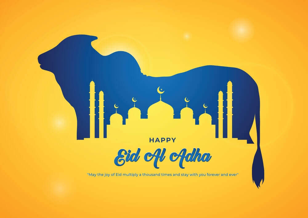 blue bull or cow paper cut vector images with beautiful islamic masjid inside bull or cow showing eid al adha 2023